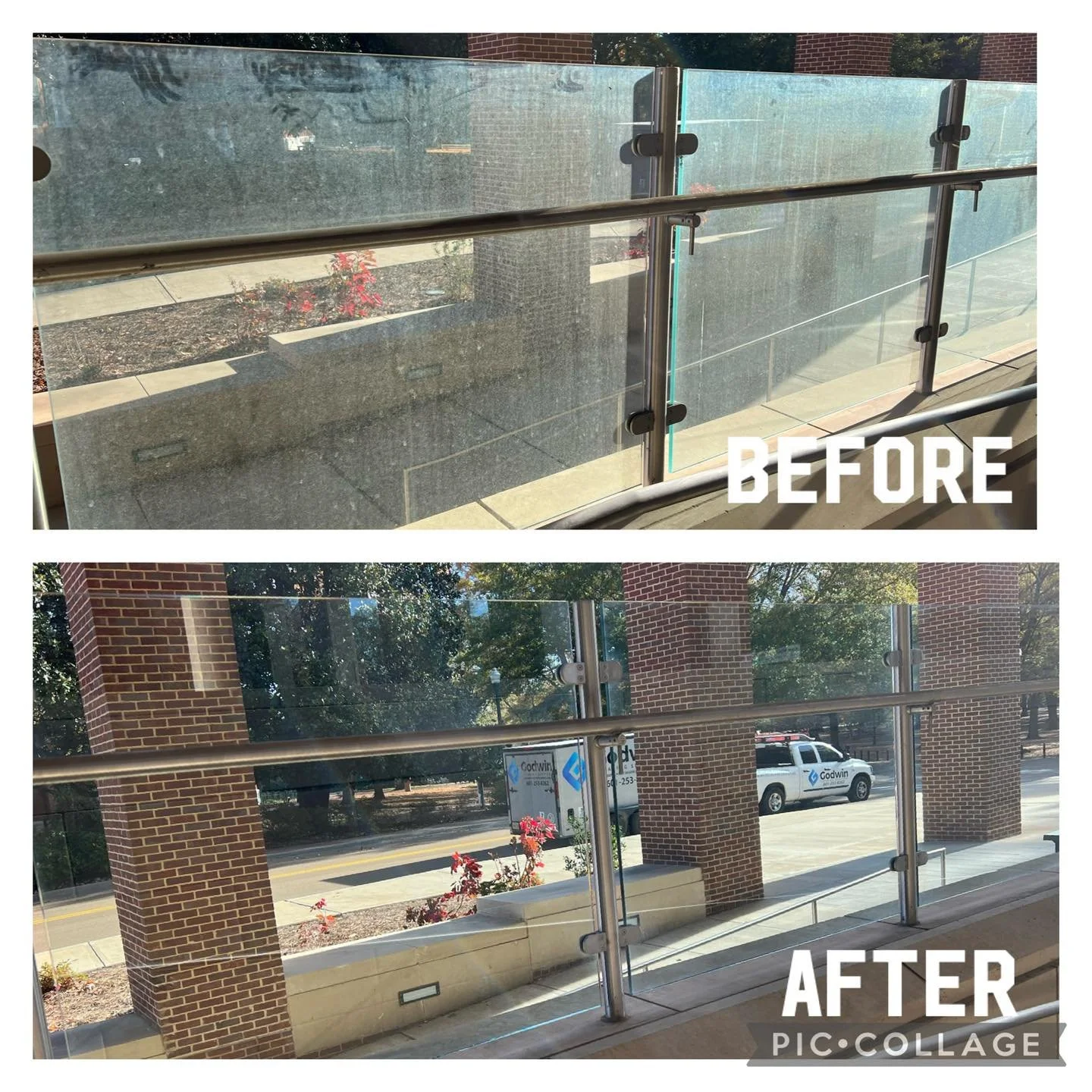 Before and after cleaning of a railing and the concrete beside it